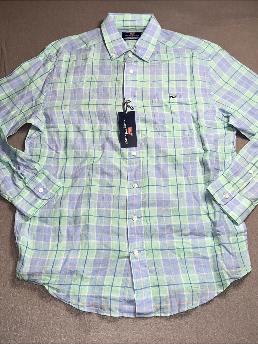 Men’s Large Vineyard Vines Classic Plaid Button-Down Shirt - Light Blue & Mint